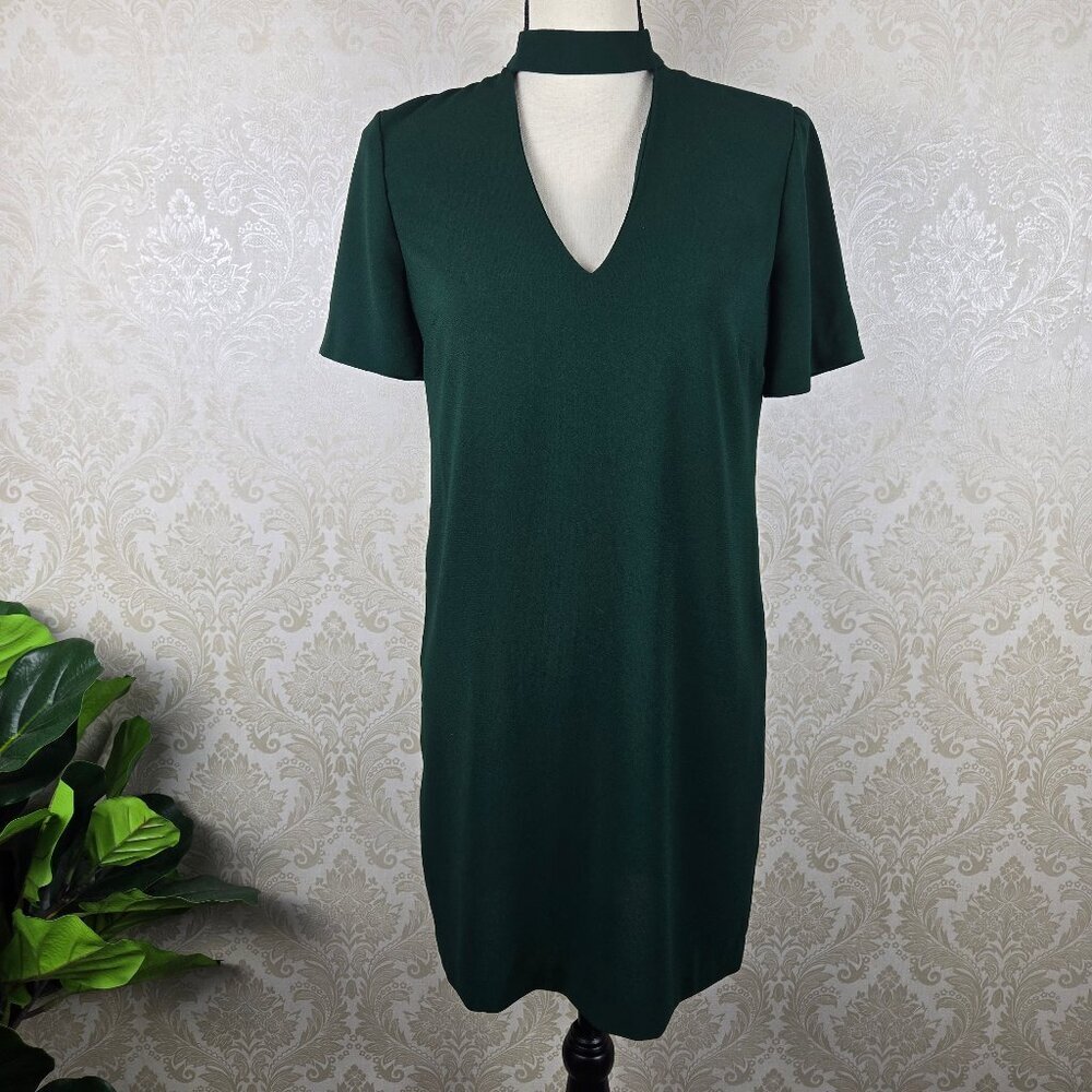 Zara Woman Size XS Dark Green Shift Choker Dress Keyhole Front Short Sleeves